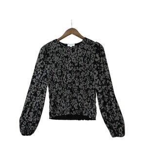 Evereve Black and Gray Floral Smocked Long-Sleeve Blouse